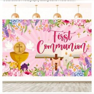 First Holy Communion Backdrop Banner Decorations, 39 x 63,Pink Gold Floral Bapti
